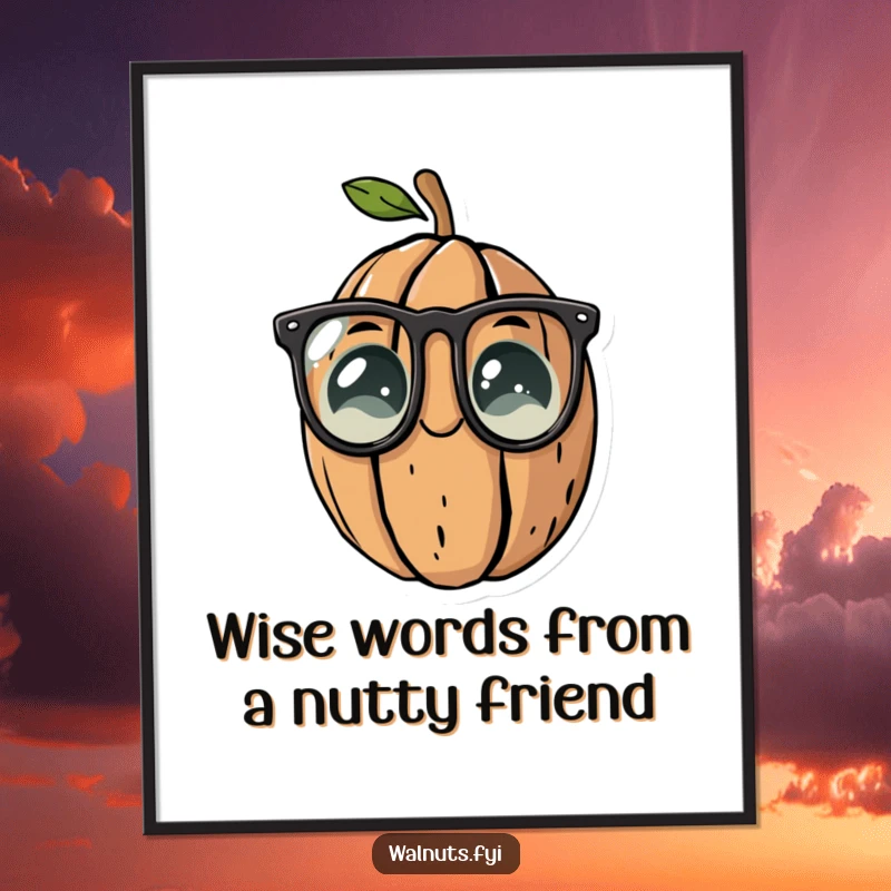 Funny Free Printable Wall Art featuring a whimsical walnut character sporting reading glasses, exuding an aura of studious intelligence.