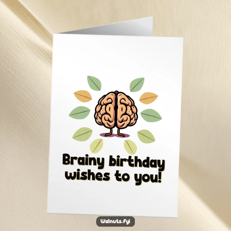 Funny Free Printable Birthday Card featuring a cartoon brain inside a walnut silhouette, looking sharp and ready for a celebration.
