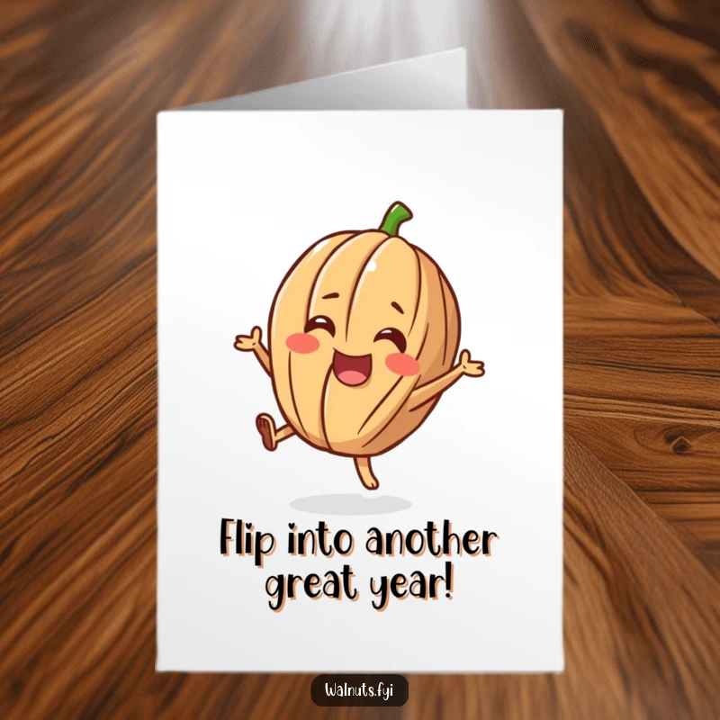 Funny Free Printable Birthday Card: A cheerful walnut doing a little flip with a happy expression, perfect for a downloadable, joyful birthday message.