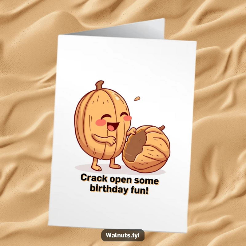 Funny Free Printable Birthday Card: A giggling walnut enthusiastically cracks another walnut, a humorous birthday greeting.