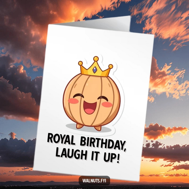 Funny Free Printable Birthday Card: A laughing walnut wearing a tiny crown, celebrating birthday royalty with glee.