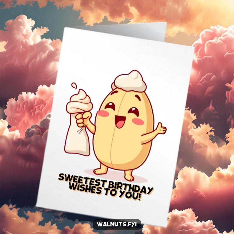 Funny Free Printable Birthday Card: A delighted macadamia nut excitedly pointing at a frosting bag, ready for cake.