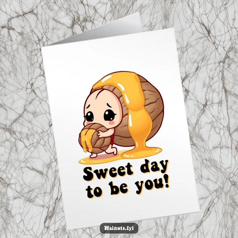 Funny Free Printable birthday card featuring a determined walnut pushing a giant rolling drop of honey, symbolizing effort and sweetness.