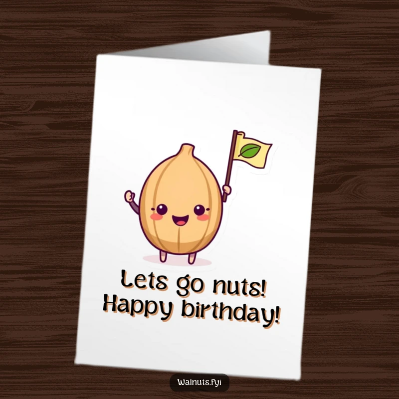 Funny Free Printable Birthday card featuring a delighted kawaii walnut excitedly waving a tiny leaf flag, celebrating the birthday occasion.