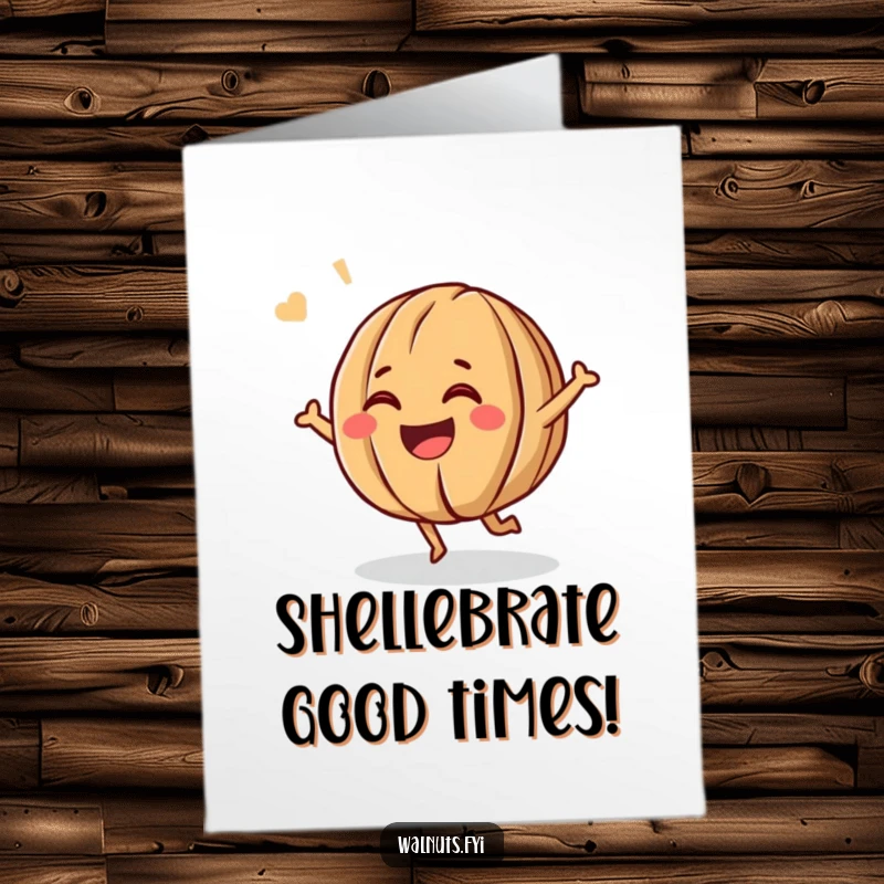 Funny Free Printable Birthday Card: a giggling walnut with a huge grin bouncing energetically, spreading cheer for a downloadable gift.