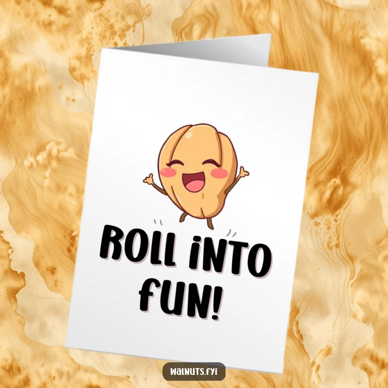 Funny Free Printable Birthday Card: A kawaii walnut laughs heartily while energetically rolling down a hill, spreading birthday cheer.