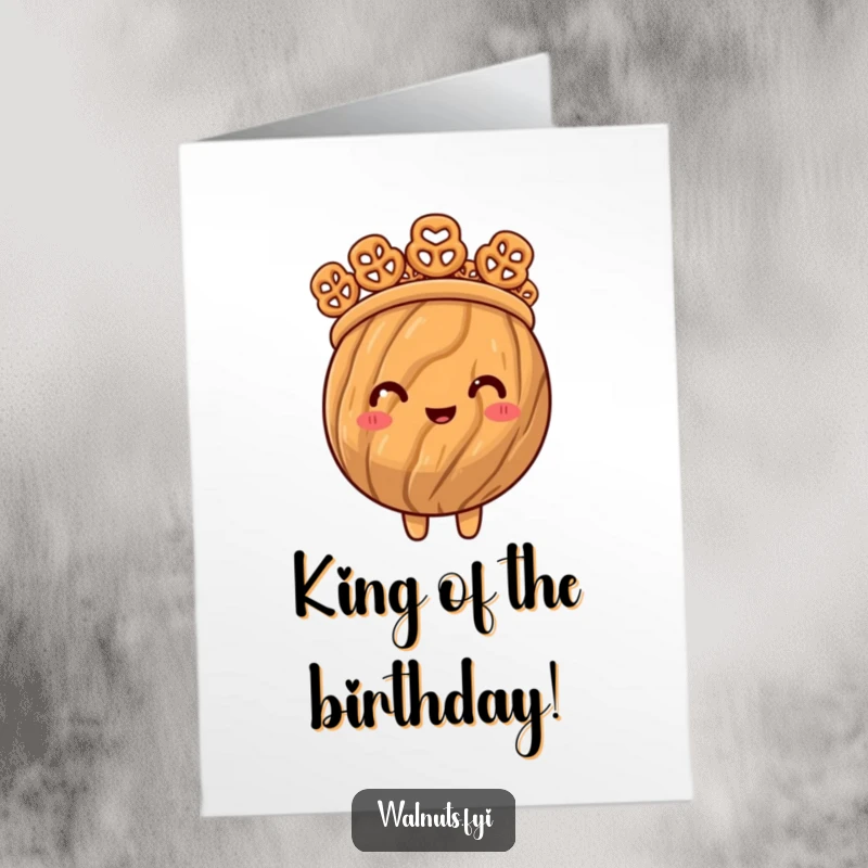 Funny Free Printable birthday card featuring a proud walnut wearing a majestic crown fashioned from tiny pretzel bites, exuding kingly charm.