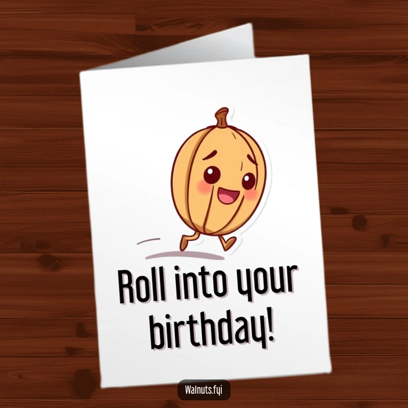 Funny Free Printable Birthday Card: A happy walnut rolling downhill with a determined look, ready for a downloadable birthday adventure.