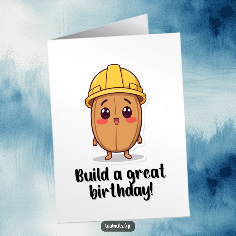 Funny Free Printable Birthday Card: A surprised walnut character wears a tiny construction helmet looking upwards.