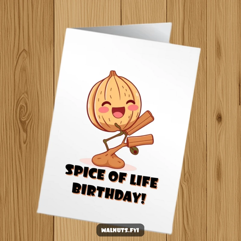 Funny Free Printable birthday card featuring a thrilled walnut precariously balancing a small branch of cinnamon, radiating pure excitement.