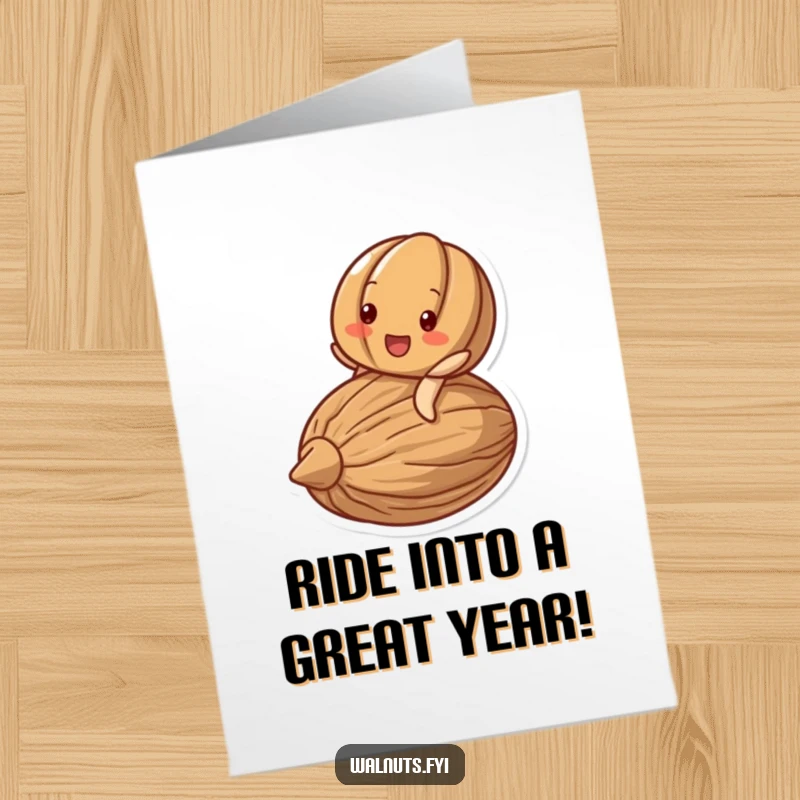 Funny Free Printable Birthday Card: A delighted walnut character beams while riding a larger stylized nut.