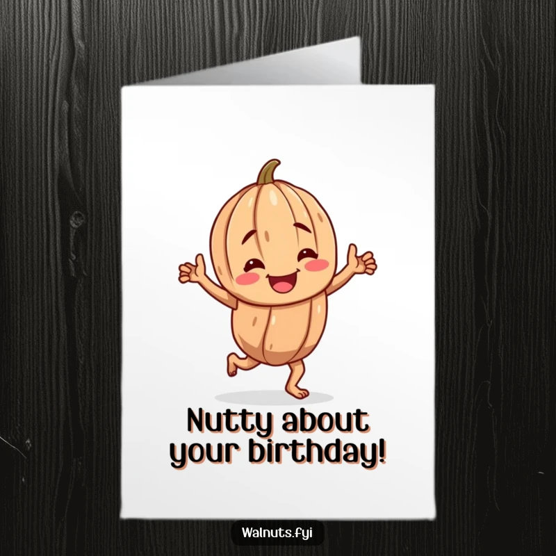 Funny Free Printable Birthday Card: A cheerful, gnarled walnut character happily doing a jig, spreading joy and laughter.