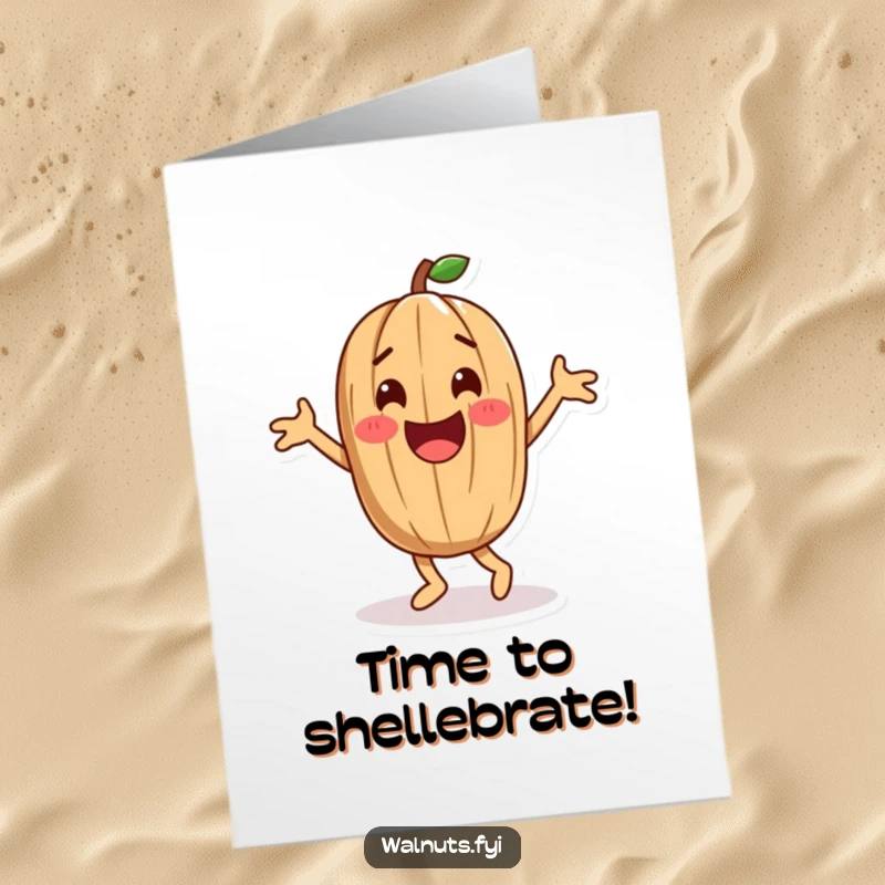 Funny Free Printable Birthday Card featuring a playful walnut character doing a joyous happy dance with delight.