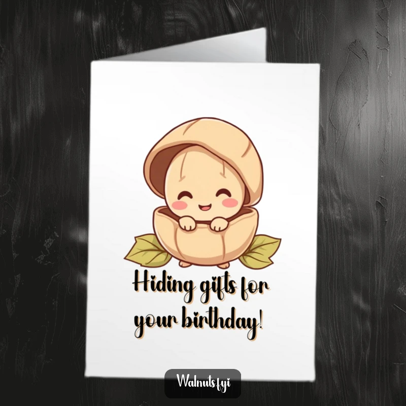 Funny Free Printable Birthday Card: A happy walnut character curiously peeking out from behind a large, protective shell.