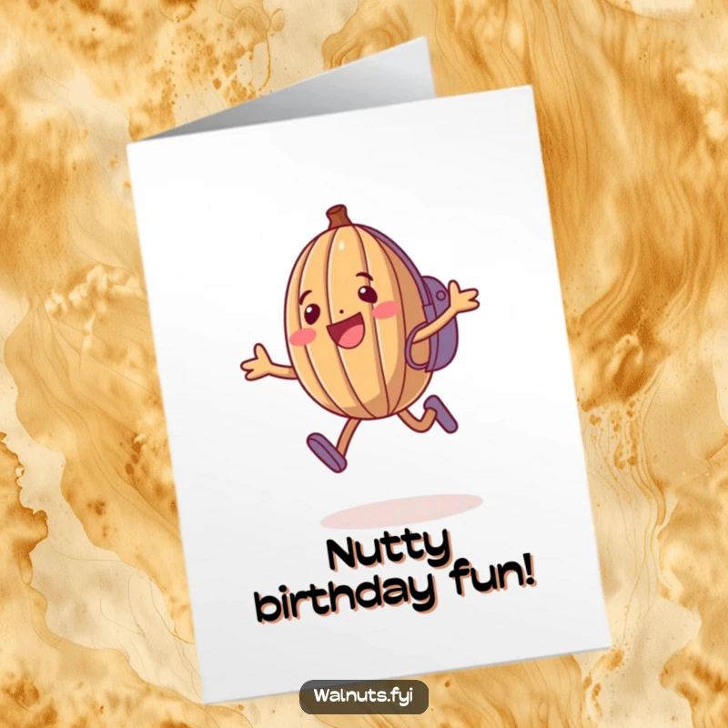 Funny Free Printable Birthday Card: Happy walnut with backpack jumping for joy on a birthday.