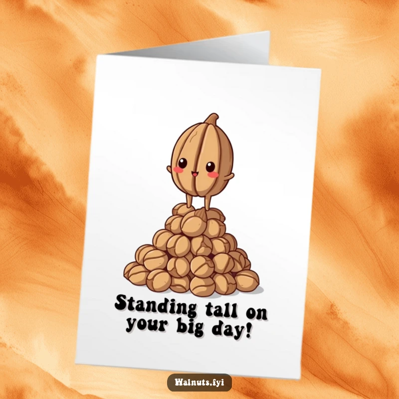 Funny Free Printable Birthday Card: A proud walnut stands regally atop a pile of others, celebrating a birthday win.