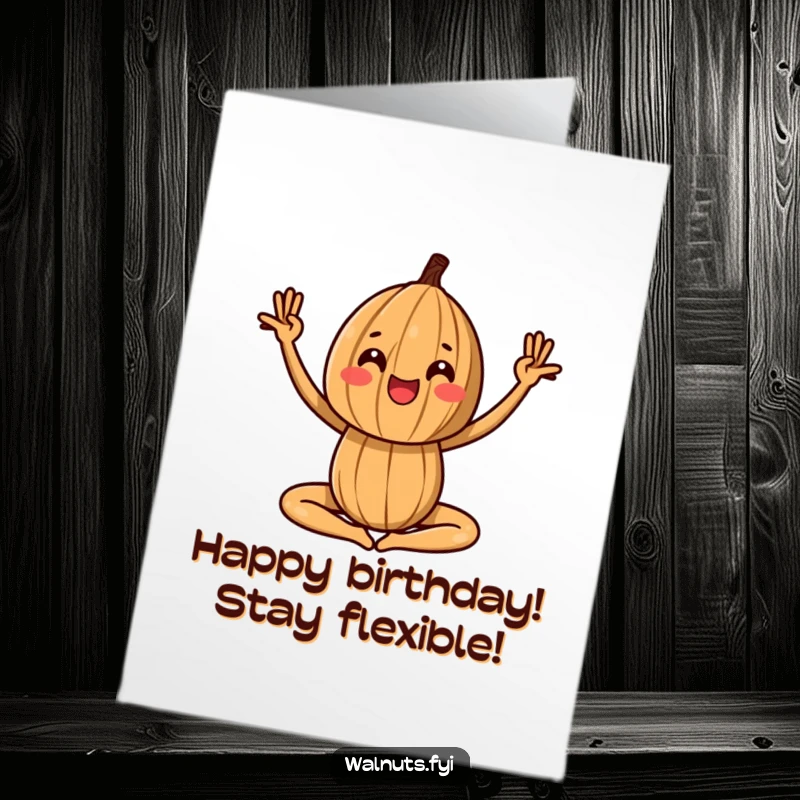 Funny Free Printable Birthday Card showing a walnut in a playful yoga pose, stretching and celebrating with energetic joy.
