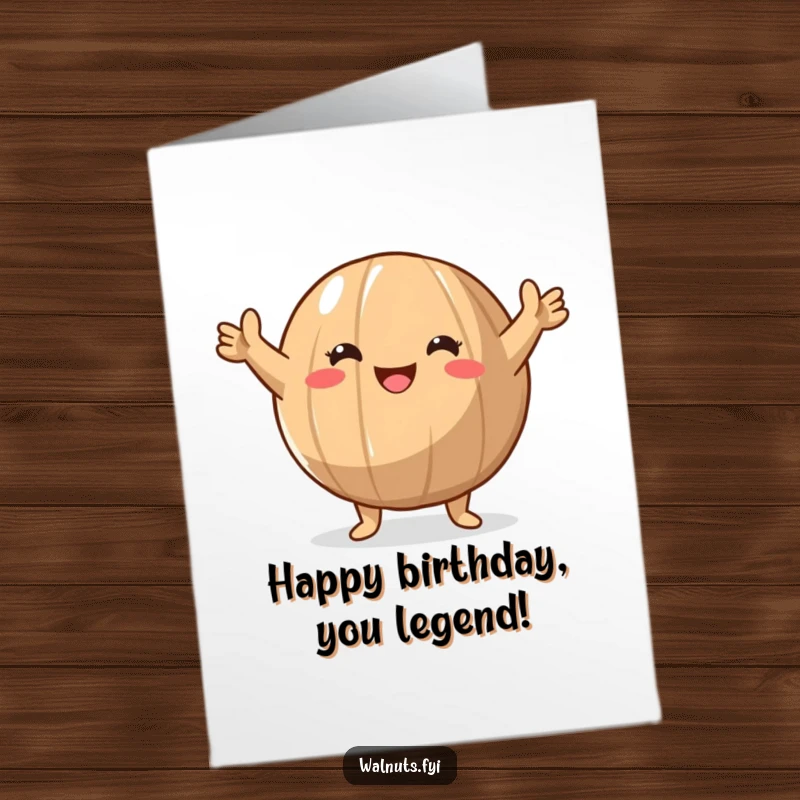 Funny Free Printable Walnut Birthday Card: A round walnut character with arms raised in a triumphant gesture, celebrating a birthday win.