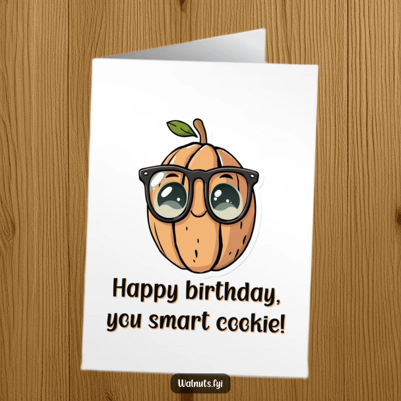 Funny Free Printable Birthday Card featuring a whimsical walnut character donning reading glasses, conveying intelligent birthday wishes.