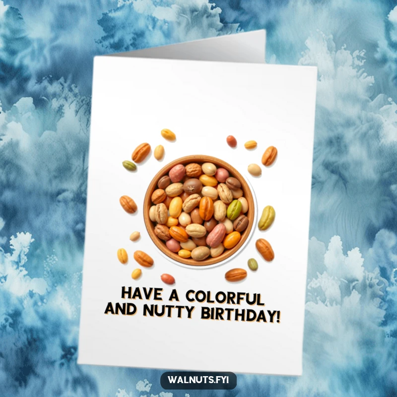 Funny Free Printable Birthday Card: A ceramic bowl overflowing with a variety of colorful nuts, a festive and downloadable gift.