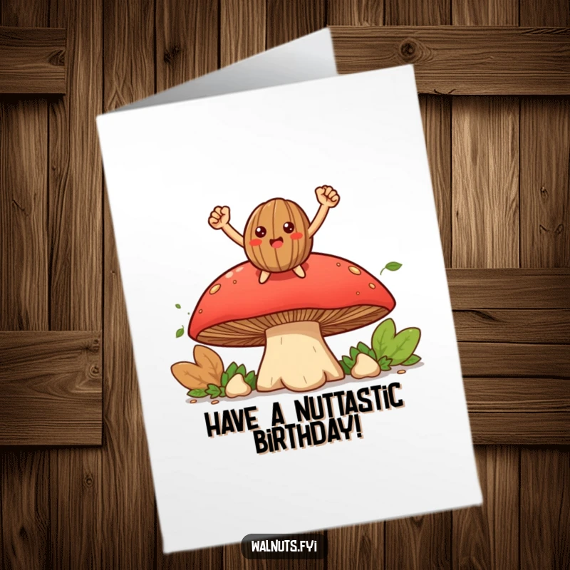 Funny free printable birthday card showing a smiling walnut posing triumphantly atop a large mushroom, celebrating victory.
