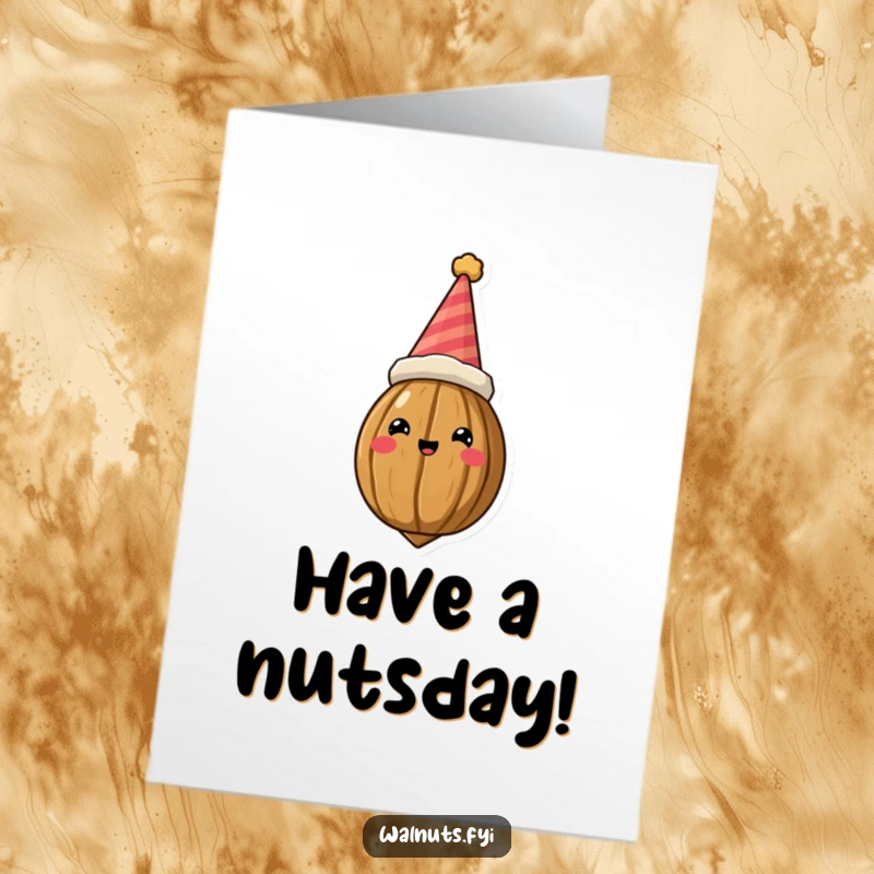 Funny Free Printable Birthday Card featuring a crowned walnut in a silly party hat, ready to deliver birthday cheer with a chuckle.