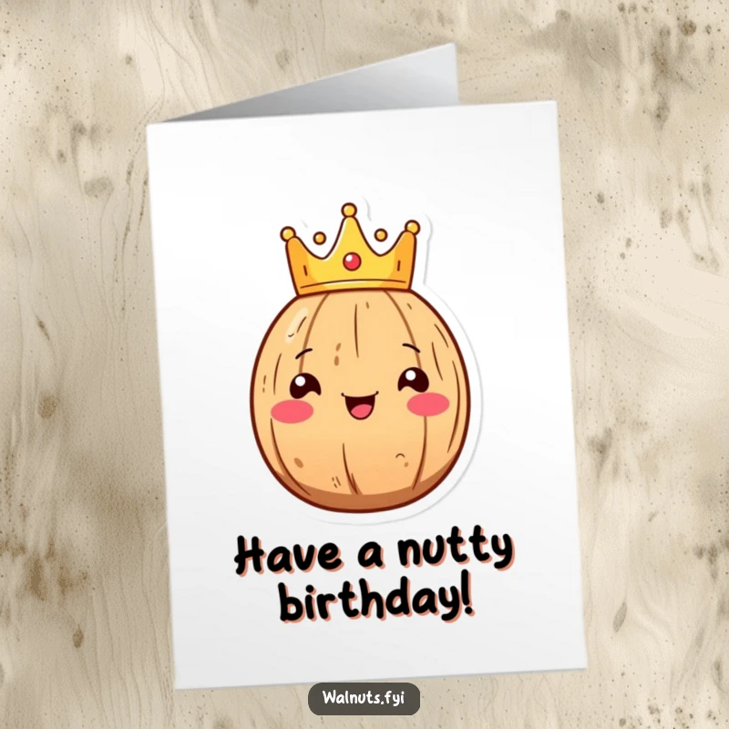Funny Free Printable Birthday Card: Smiling Kawaii walnut wearing a tiny crown, exuding birthday royalty.