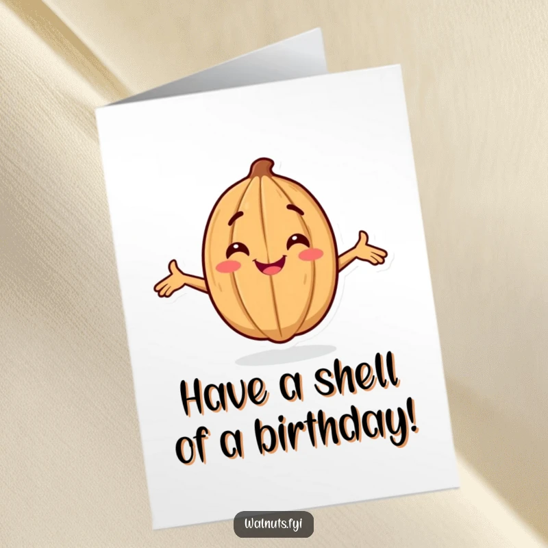 Funny Free Printable Birthday Card: A smiling walnut with arms outstretched, striking a super confident pose for a birthday wish.