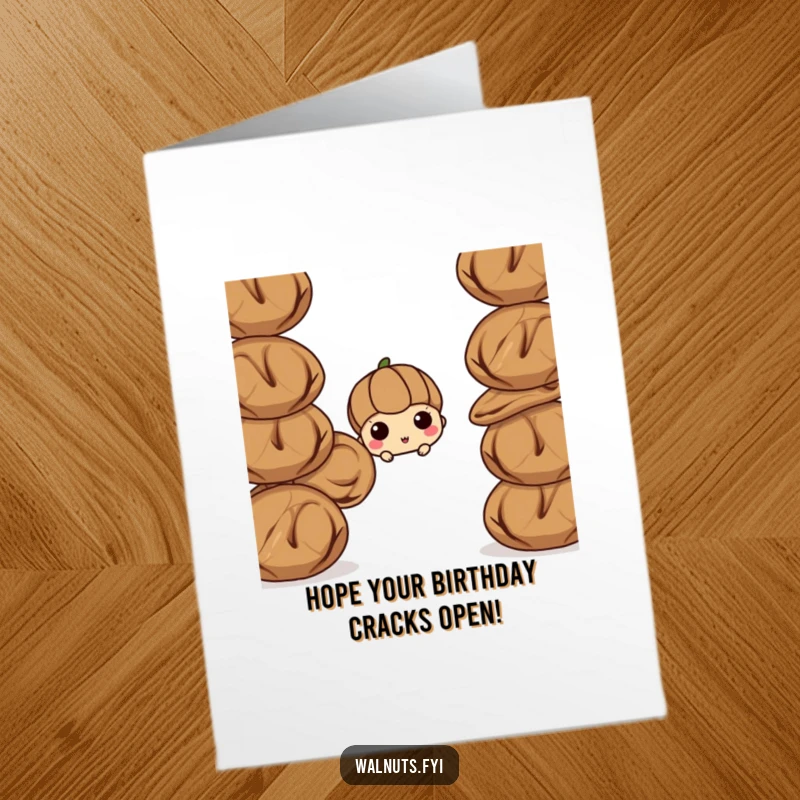 Funny Free Printable Birthday Card: Curious walnut peering from behind other walnuts, a downloadable birthday surprise.