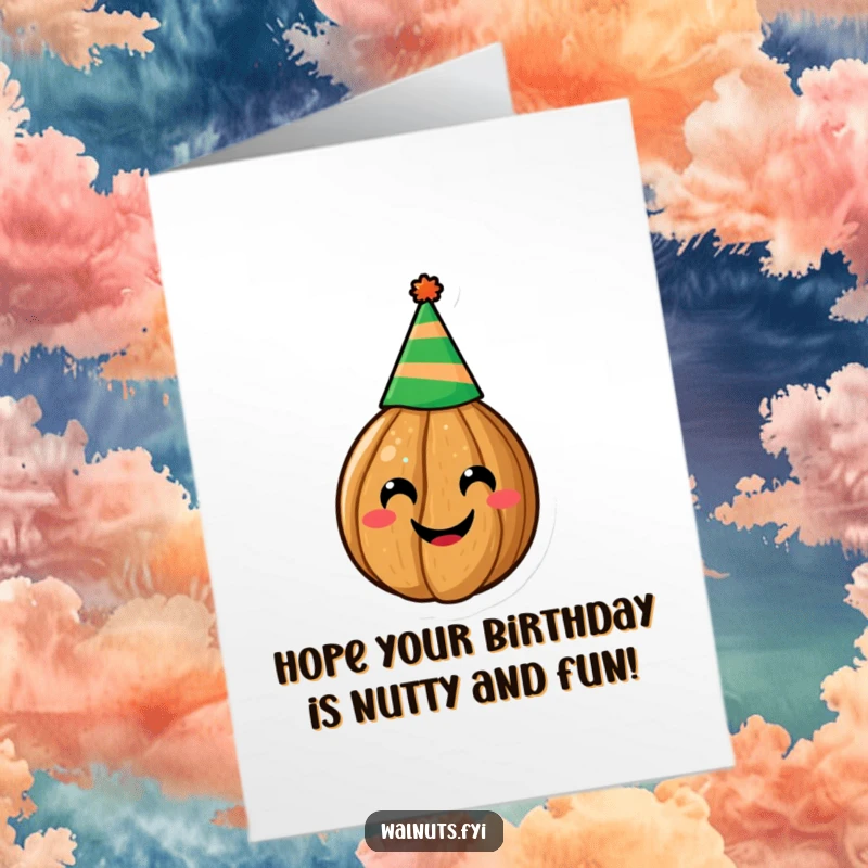 Funny Free Printable Birthday Card: A happy walnut wearing a party hat, smiling widely, ready to celebrate, a perfect downloadable gift.