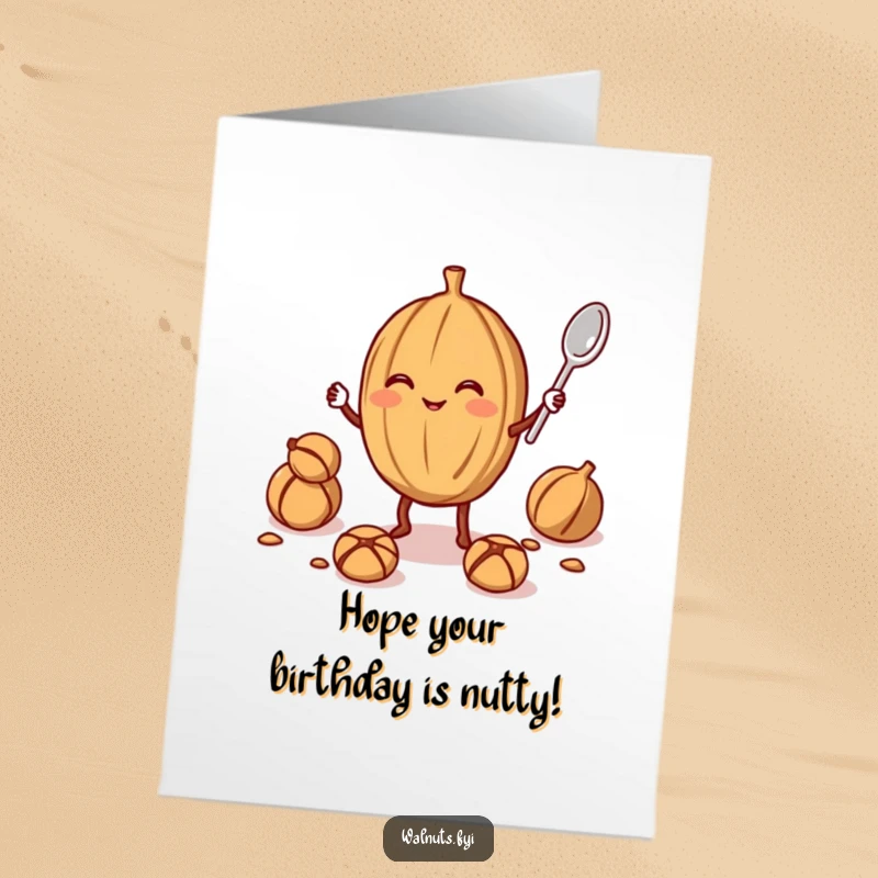 Funny Free Printable Walnut Juggler Birthday Card: Smiling walnut character expertly juggling a tiny walnut and a spoon.