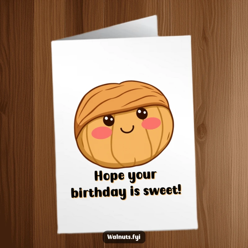 Funny Free Printable Birthday Card with an adorable kawaii walnut design, featuring rosy cheeks and a gentle smile, radiating pure sweetness.