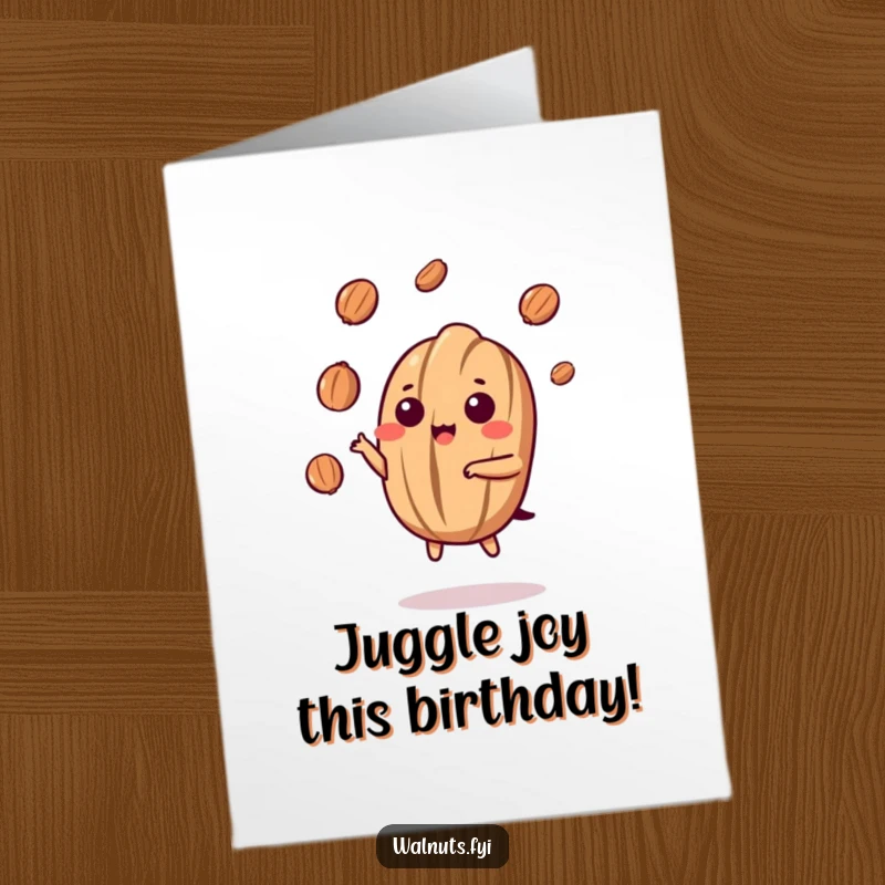 Funny Free Printable Birthday Card: Kawaii walnut expertly juggling tiny nut pieces with impressive dexterity, a fun greeting.