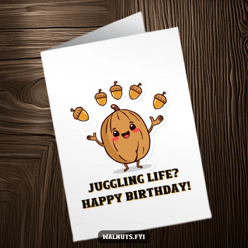 Funny Free Printable Birthday Card featuring a stylized walnut expertly juggling three colorful acorns, spreading birthday vibes with impressive skill.
