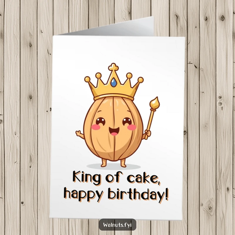 Funny Free Printable Birthday Card: A happy walnut sports a crown and scepter, ready to rule.