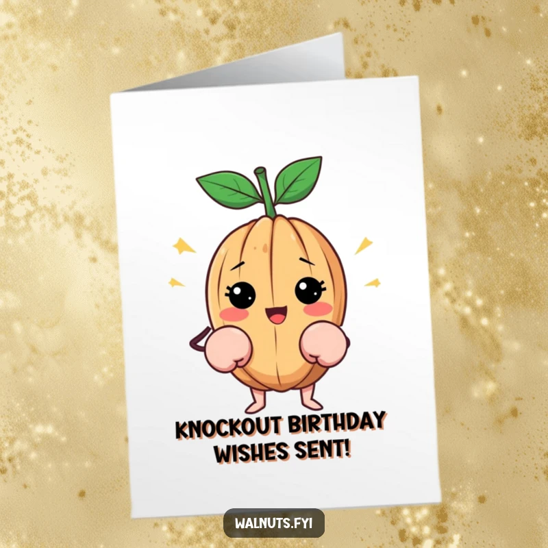 Funny Free Printable Birthday Card: A happy walnut wears tiny boxing gloves, ready to playfully spar for birthday fun.