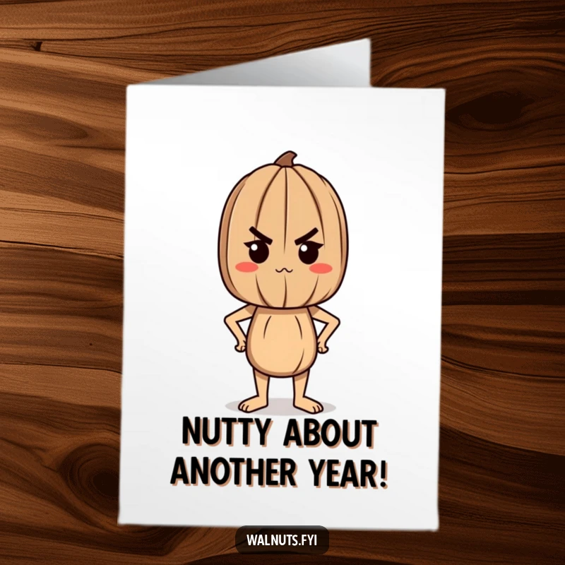 Funny Free Printable Birthday Card: Determined walnut character stands tall, exuding strength and pride for a hilarious DIY greeting.