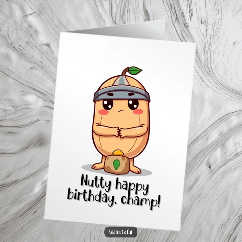 Funny free printable birthday card: A determined round Brazil nut with crossed arms fiercely guards a small treasure, celebrating you.