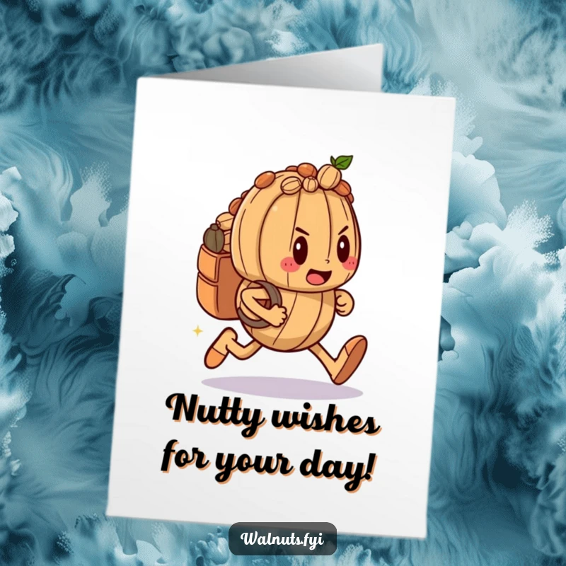 Funny Free Printable Birthday Card featuring a determined walnut character sprinting with a nut-filled backpack, ready for a birthday adventure.