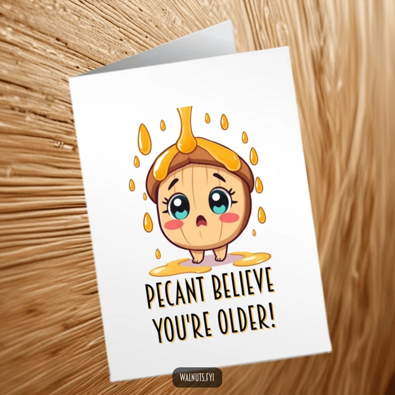 Funny free printable birthday card: A surprised tan pecan character with wide eyes is drenched in a delightful cascade of syrup.