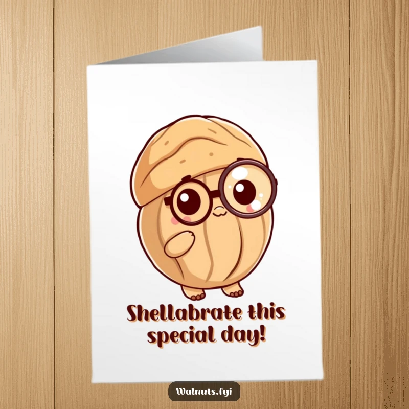 Funny Free Printable Birthday Card: A posh kawaii walnut shell with a monocle offers elegant birthday wishes.