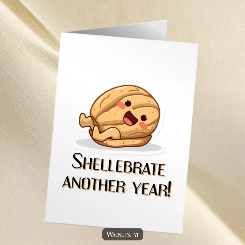 Funny Free Printable Birthday Card: A happy walnut character joyfully slides down a polished surface on its shell.