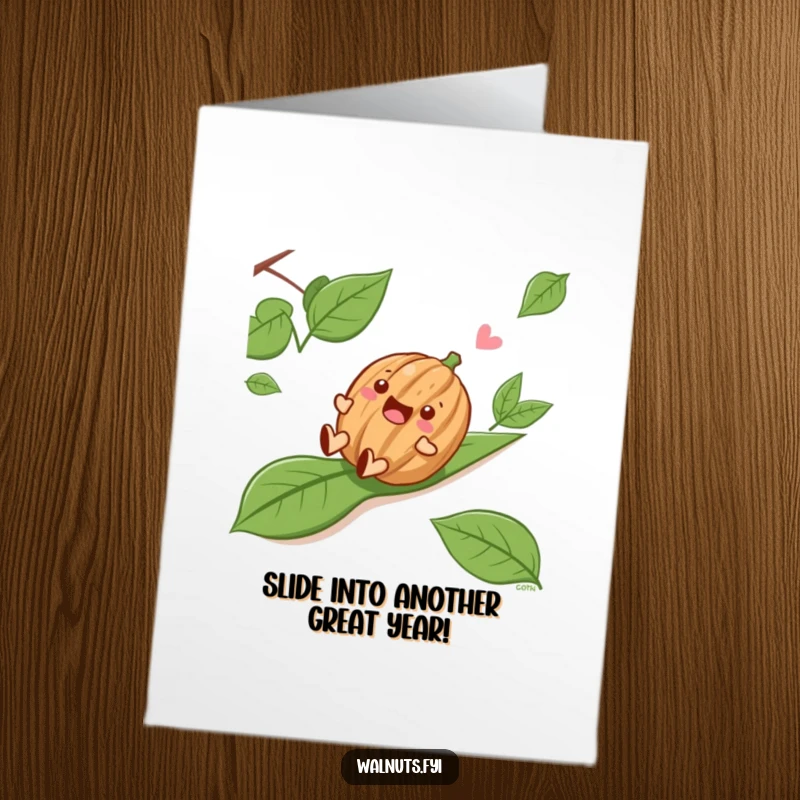 Funny Free Printable Birthday Card of a delighted walnut sliding down a leafy slope, full of joyful motion.