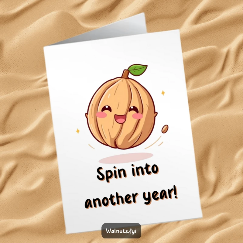Funny Free Printable Birthday Card: a playful walnut spinning with delight, leaving a trail of mirth, perfect for a festive downloadable gift.