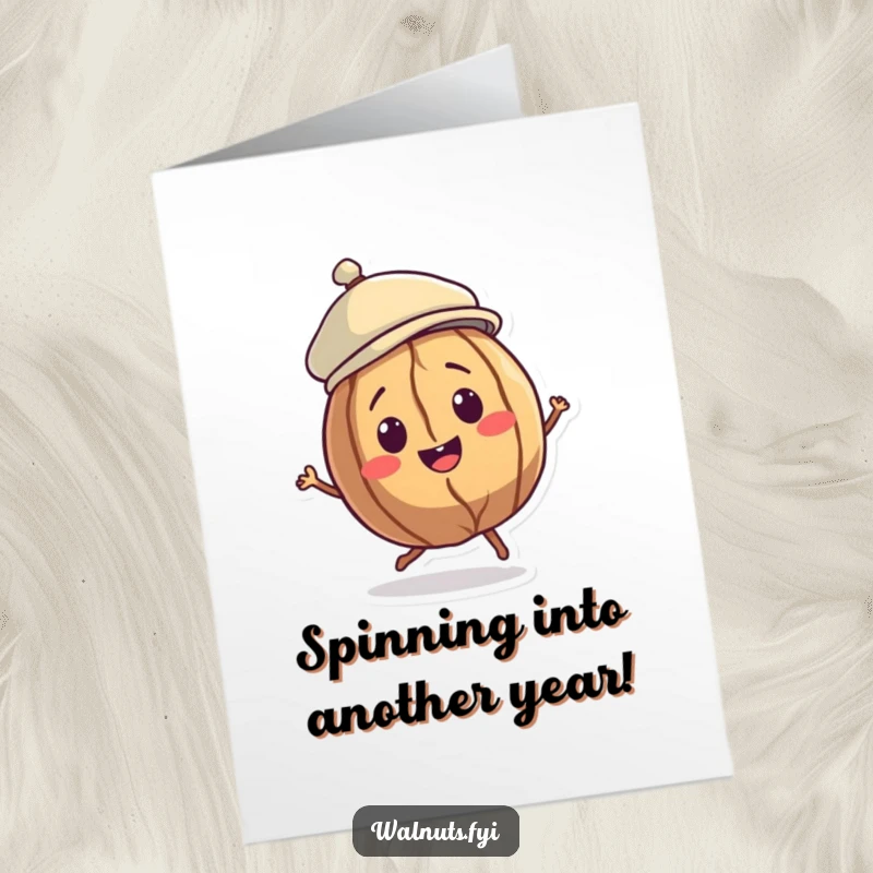 Funny Free Printable Walnut Birthday Card: A smiling walnut character in a jaunty cap doing a little spin, wishing a happy birthday.