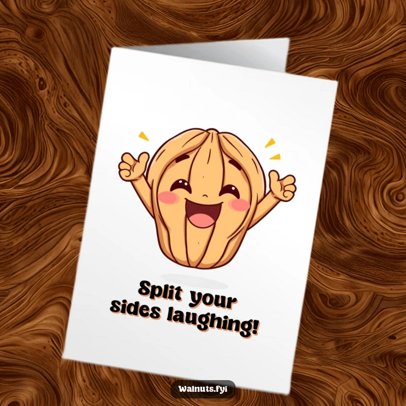 Funny Free Printable Birthday Card: A kawaii walnut in a triumphant split with a huge grin, celebrating joyfully.