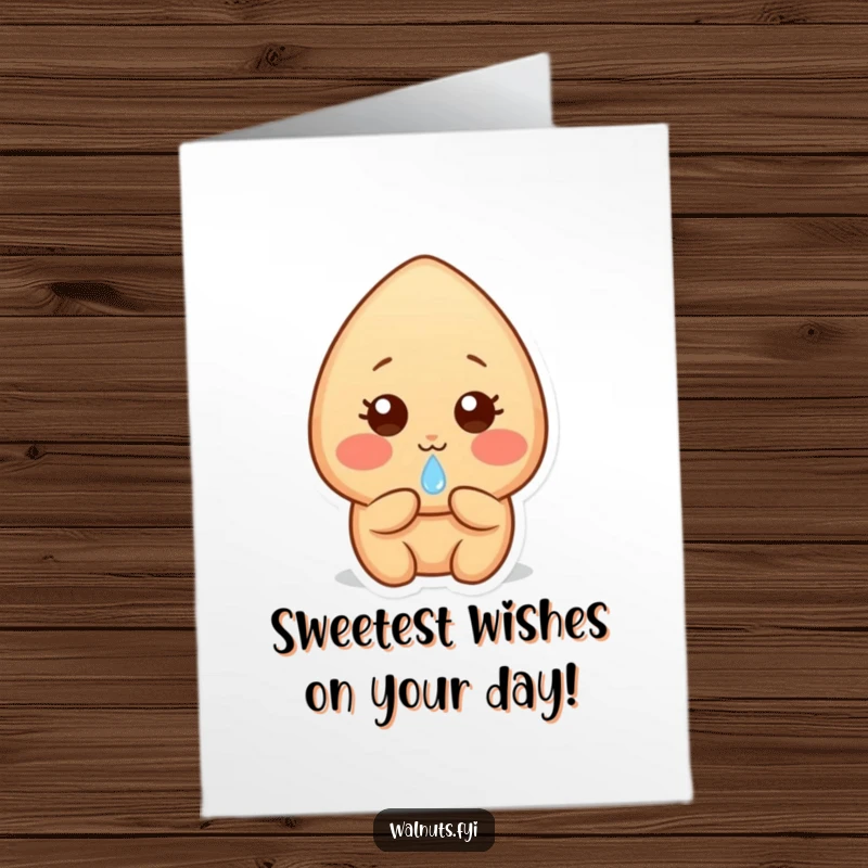 Funny Free Printable Almond Birthday Card: Shy light brown almond with rosy cheeks, offering a glistening dewdrop, celebrating.