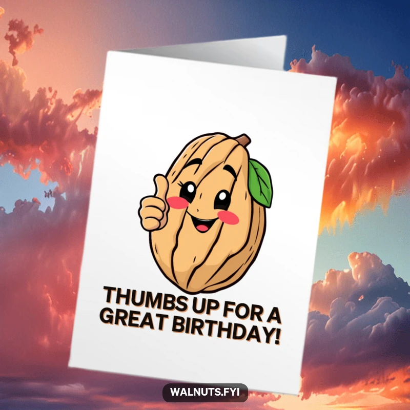 Funny Free Printable Birthday Card: A cheerful walnut character giving a clear thumbs up gesture, radiating positivity, a great downloadable gift.