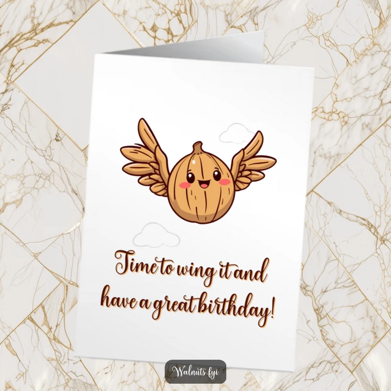 Funny Free Printable Birthday Card: A walnut with wings soars joyfully through the sky, spreading birthday cheer and laughter.