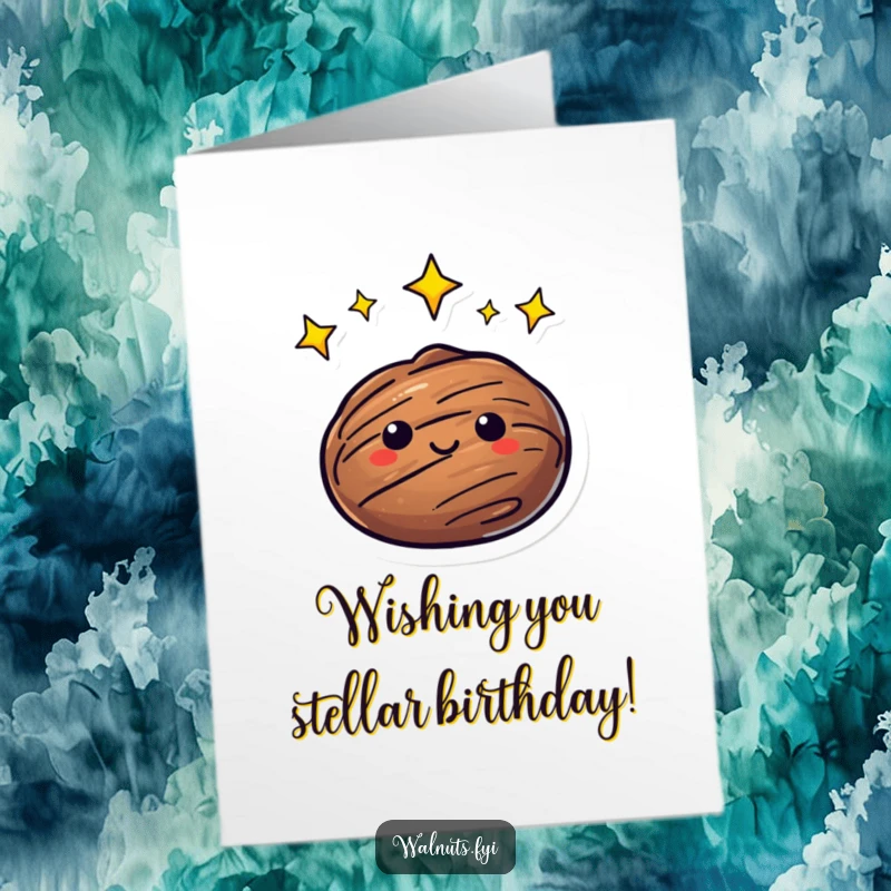 Funny Free Printable Birthday Card featuring a walnut surrounded by bright, twinkling orbiting stars, celebrating a birthday with celestial wonder.